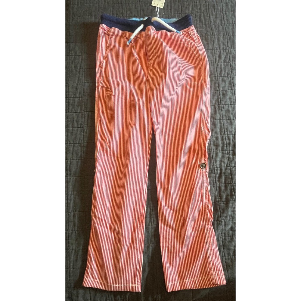 Boden Kids Red White Seersucker Striped Roll Up Pants Navy Knit Waist 9Y 134cm